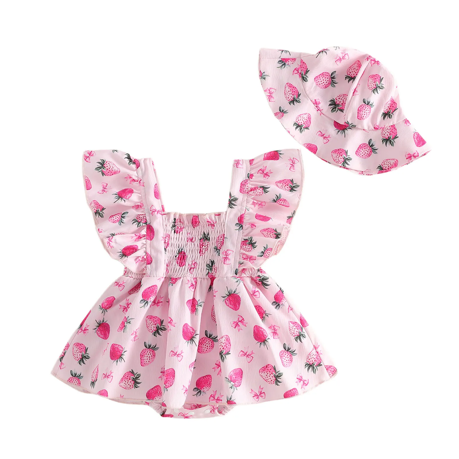 Baby Girls 2Pcs Summer Outfits Ruffle Sleeveless Strawberry Print Skirt Romper with Hat Set Newborn Clothes 0-18M
