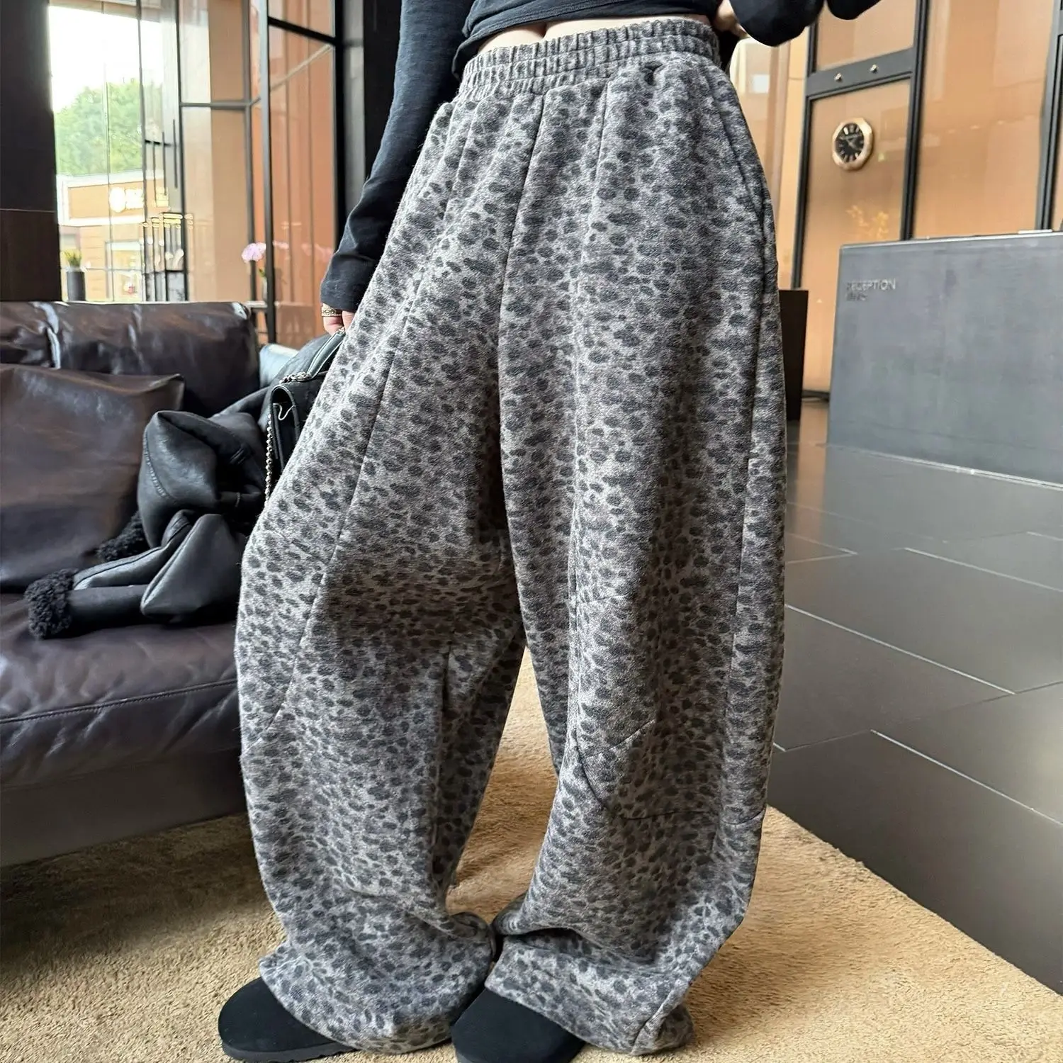 Fashionable Three-Dimensional Splicing Leopard Print Loose Balloon Pants For Women In Spring And Autumn, Wide Leg Pants