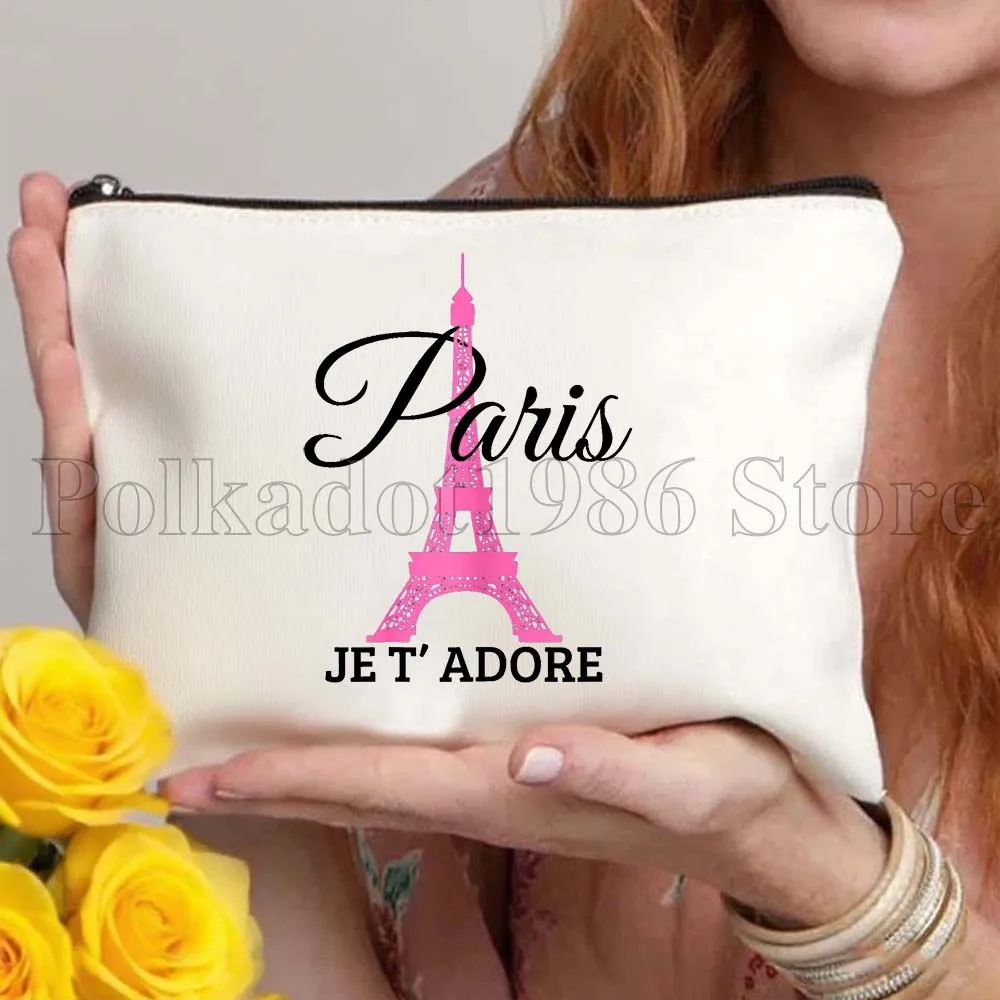 الأزهار Ici Cest باريس برج ايفل القلب فرنسا الهدايا حقيبة قماش قنب السفر حقيبة مستحضرات التجميل المرأة حقيبة مستحضرات تجميل حقيبة تخزين الموضة