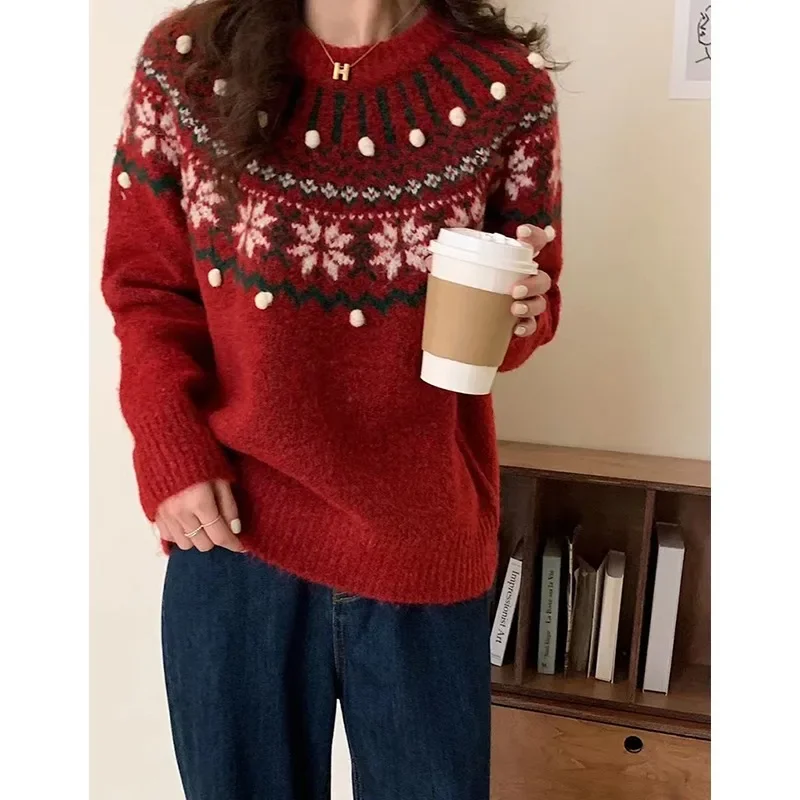 Jacquard Natale Capodanno Maglione Rosso Femminile Autunno Inverno 2024 Nuovo Temperamento Retro Casual Vento Pigro Pullover Morbido Ceroso Top