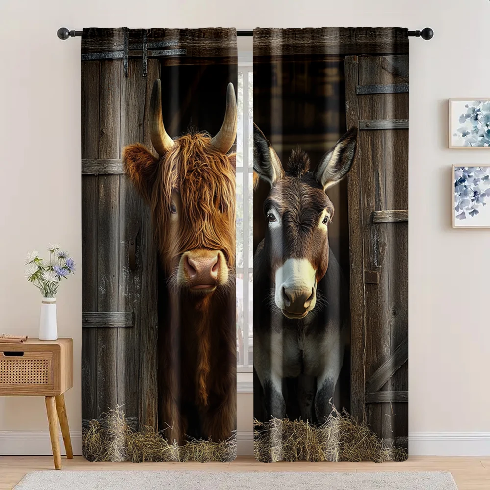 2pc,  Window Curtains Farmhouse West Highland Cow Barn Door Cow Donkey Goat Cattle Country Vintage Wooden Machine Washable