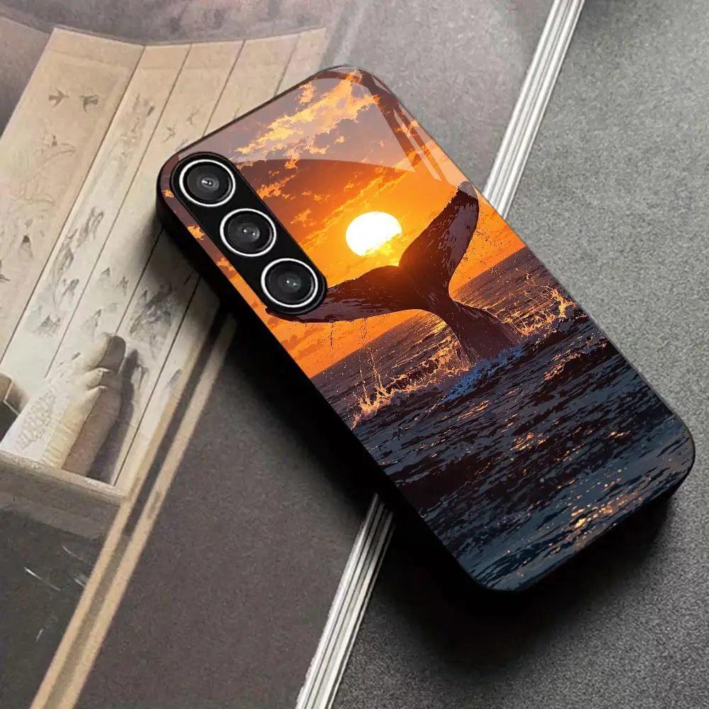 Tail sunset tempered glass phone case suitable for Samsung Galaxy S26 S25 S24 S23 S22 S20 FE/Ultra/Plus anti drop back cover
