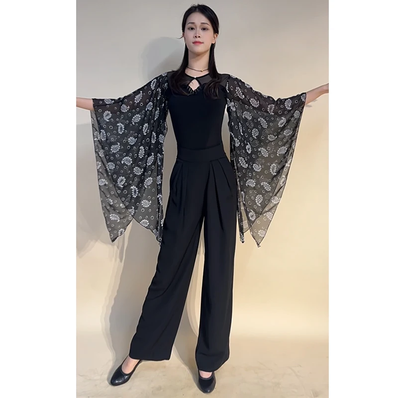 新しい社交ダンス服女性ワルツダンス練習着フローティングメッシュ袖トップス黒ズボン大人の標準ダンスウェア
