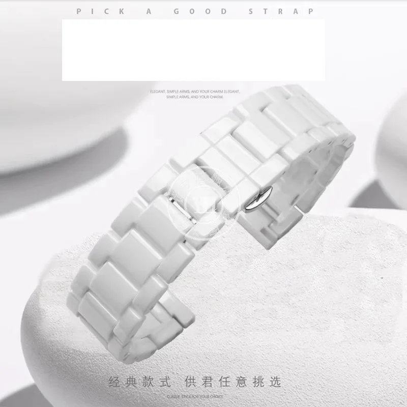 White Ceramic Watchband 14mm 16mm 18mm Watchstrap Wristband Bracelet with Stainless Steel Buckle for Women Men