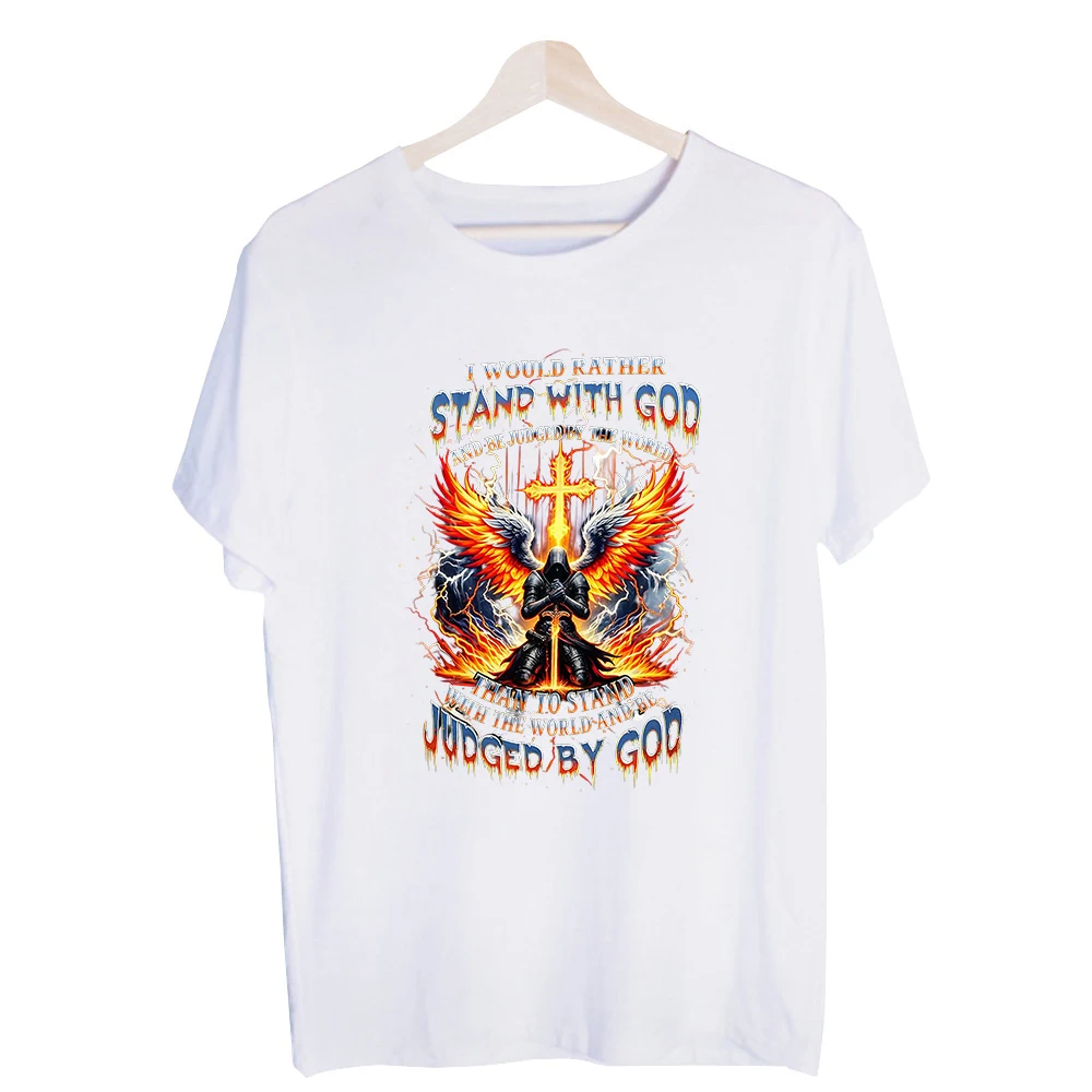 Men's Angel with Cross and Flame Graphic Tee, Short Sleeve Crew Neck T-Shirt for Casual Daily Wear