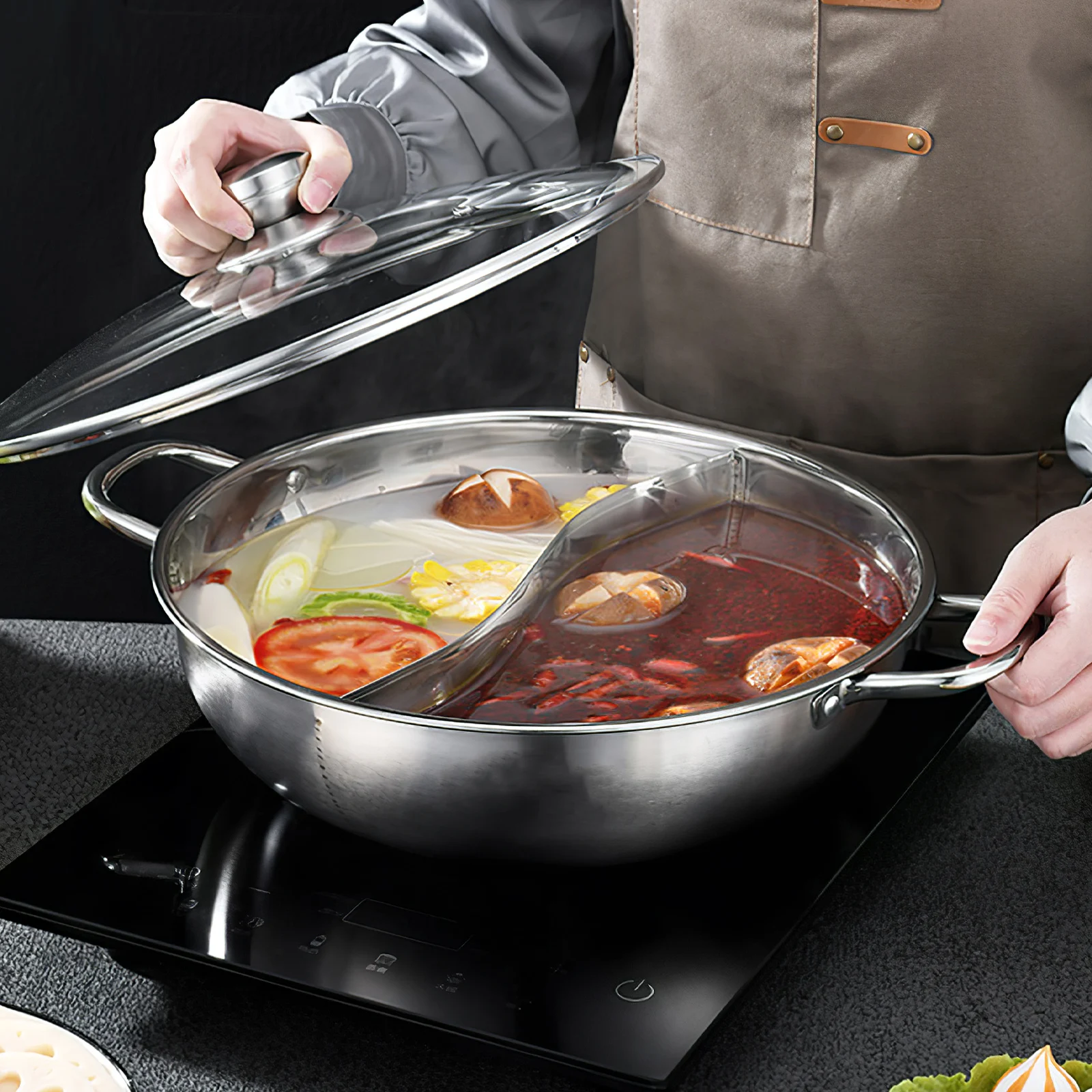 

Stainless Steel Hot Pot Double-Flavor Two-Compartment Divider Pan Household Kitchen Cookware Hotpot Pot Even Heating