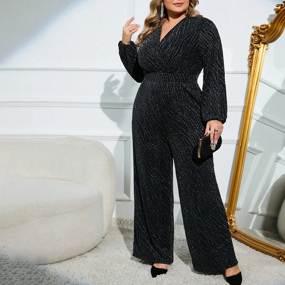 Women Plus Size Jumpsuits Fashion Versatile Jumpsuit Pants Large Size Female V-neck Wide-legged Long-sleeved Velvet Jumpsuit New