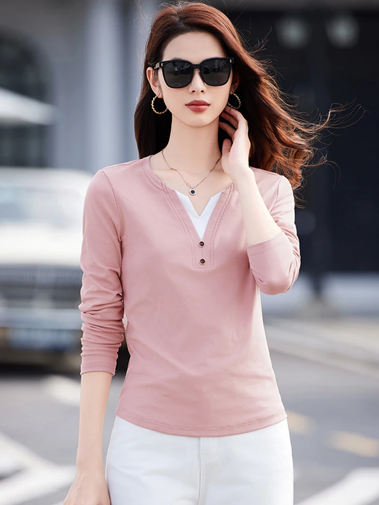 New Women Contrast Color Cotton T-shirt Spring Autumn Fashion Patchwork Small V-Neck Long Sleeve Tees Tops Casual Slim T-shirt