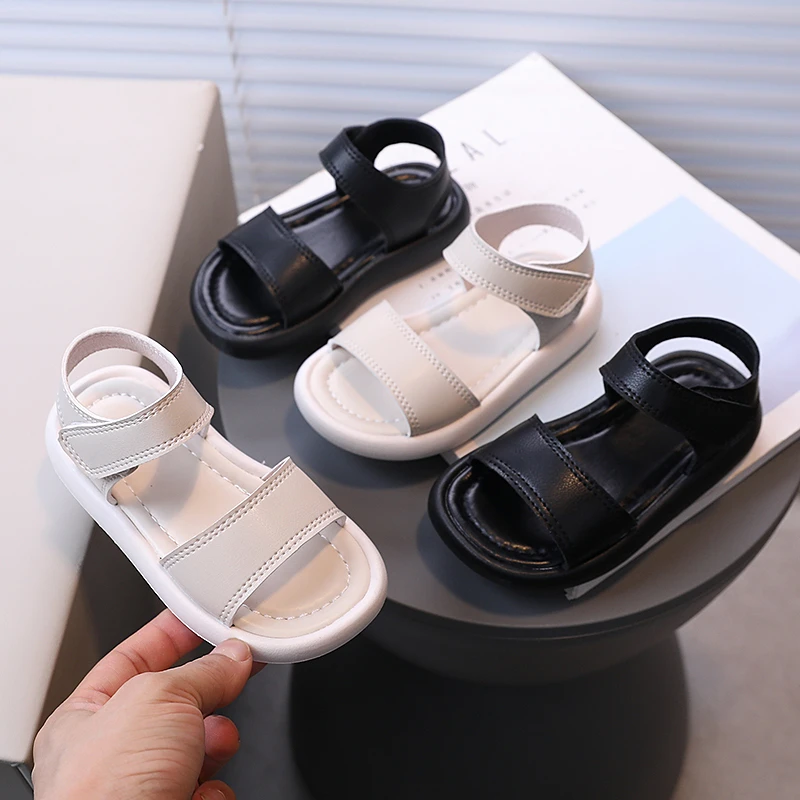 

Boy's/Girl's Sandals 2025 Summer New Simple Solid Color Open Toe Kid's Beach Shoes PU Leather Flat Bottom Children's Shoes 21-30