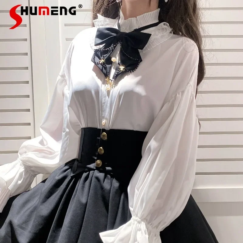 Imagem -05 - Estilo Japonês Bonito Menina Roupas de Outono Feminino Gravata Borboleta Camisa Estilo Gótico Malha Irregular sk Preto Saias de Comprimento Médio