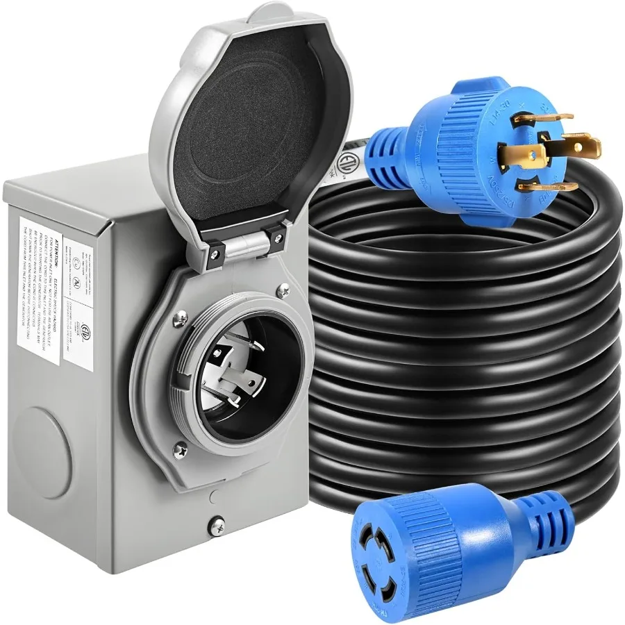 30 Amp Generator Cord and Power Inlet Box 30FT Generator Cords 30 Amp 125V 250V Generator Power Cord NEMA L1430P to L1430R Twis