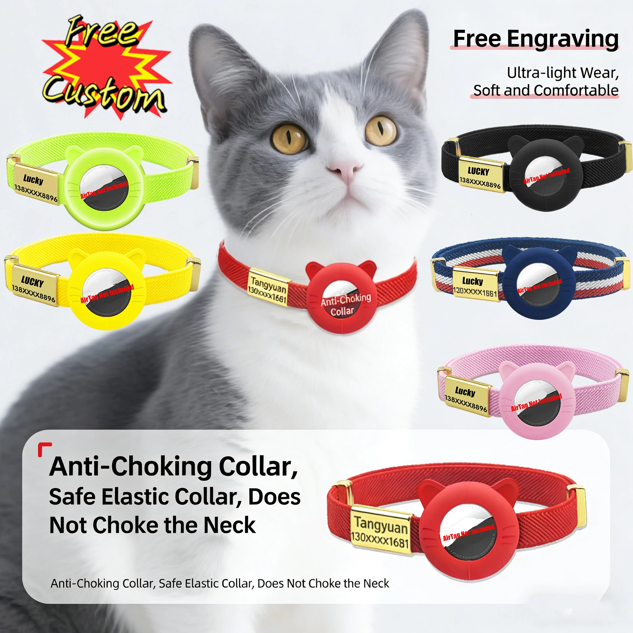 

New Breakaway AirTag Tracker Cat Collar Free Custom Name Tag Kitten Collar with GPS Holder Case Anti-lost Adjustable Pet Collars