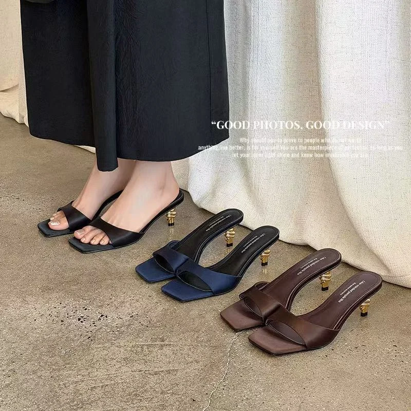 2026 new summer women sandals natural leather 22-25cm satin+sheepskin+pigskin open-toe mules high heel women slippers fashion