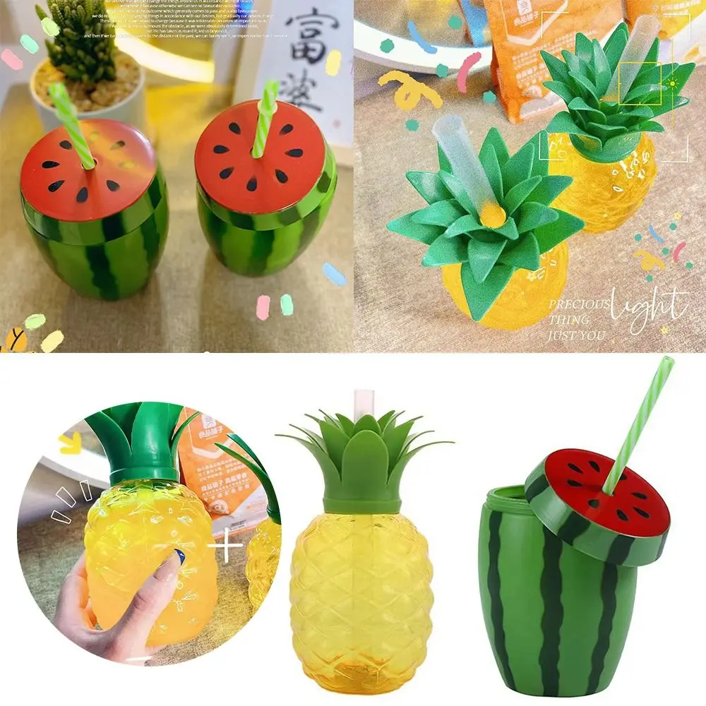 Creative Cartoon Fruit Summer Straw Cup Food Grade Plastic Strawberry Pineapple Watermelon Water Bottle Tea Milk Juice Bottle