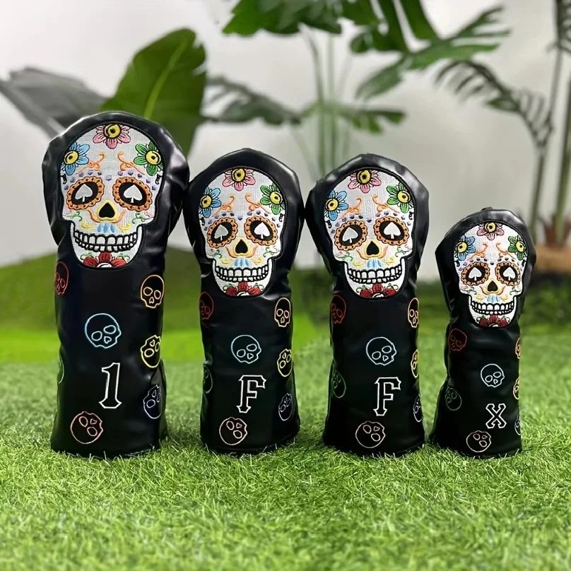 Golf Club Head Cover - Durable Black Protective Cover with Colorful Skull and Flower Design - Scratch Resistant Golf Accessories