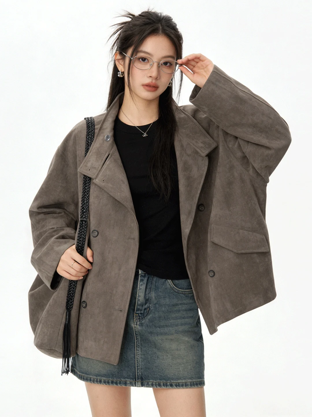 Fashionable Korean Style Grey Stand Collar Suede Jacket Loose Fit Slimming Coat Spring New Arrival Women's Short Outerwear