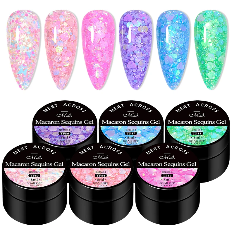 MEET ACROSS 6 Pçs/set 8ml Macaron Glitter Lantejoulas Esmalte em Gel para Unhas Coração em Forma de Diamante Nart Art Verniz em Gel UV Para Manicure