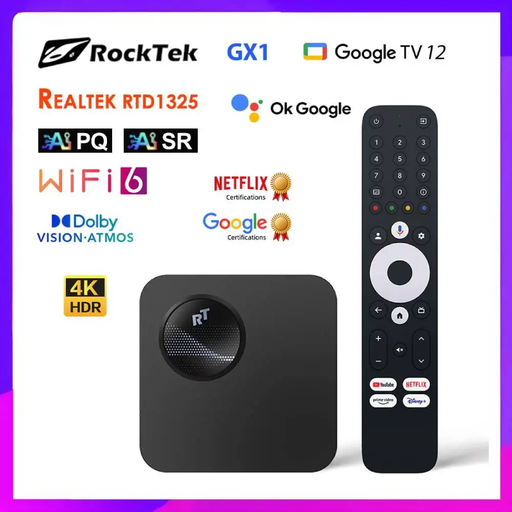 صندوق تلفزيون Google 12 RockTek GX1 UHD Realtek1325 A55 Edge AI Netflix معتمد يدعم Dolby Atmos Vision 2T2R Android TV Box