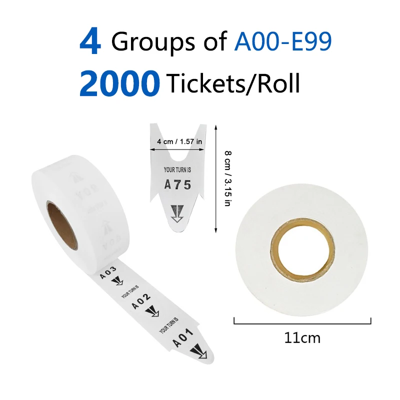 Queue Turno Matic Take A Number Machine Ticket Paper Roll with 4 Groups Number A00-E99 for Restaurant Fast Food Hospital