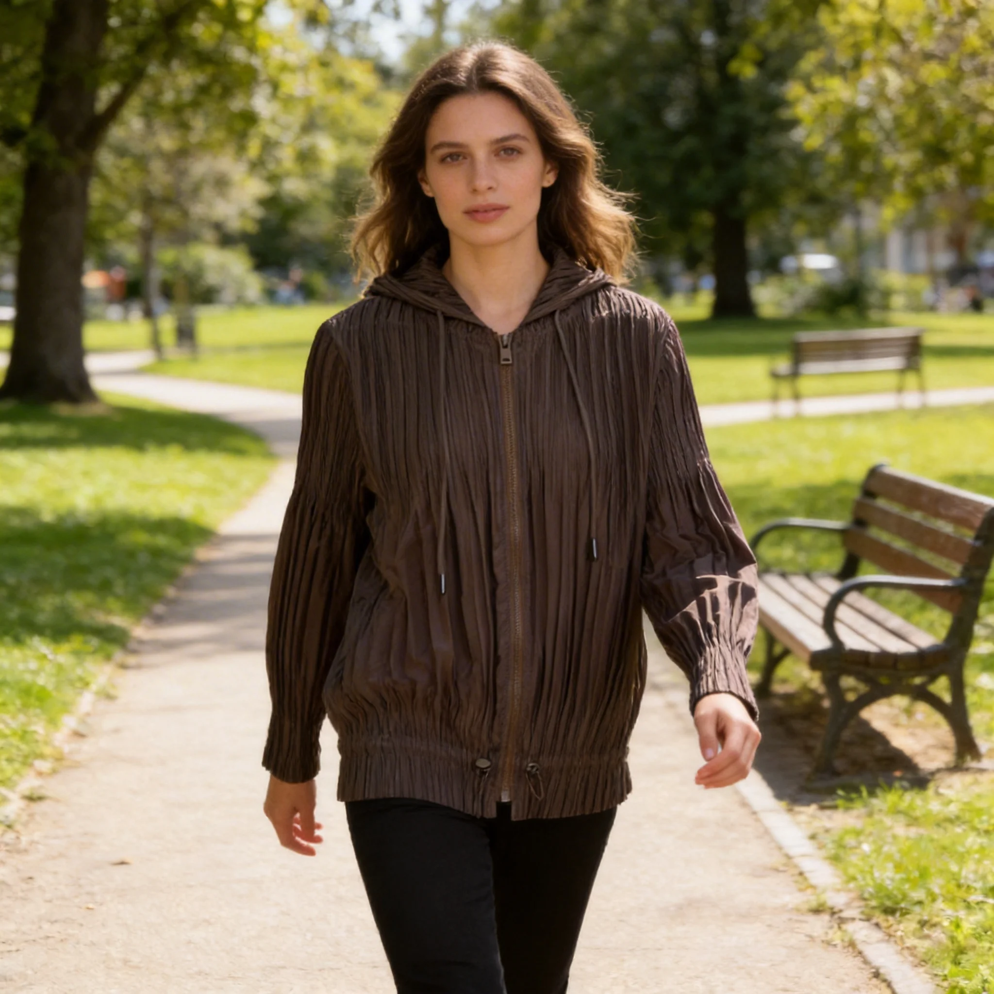 

Miyake Pleated Korean Style Fashionable Jacket for Women, Casual Zipper Style Hooded Pleated Long-sleeved Elegant Commuter Top