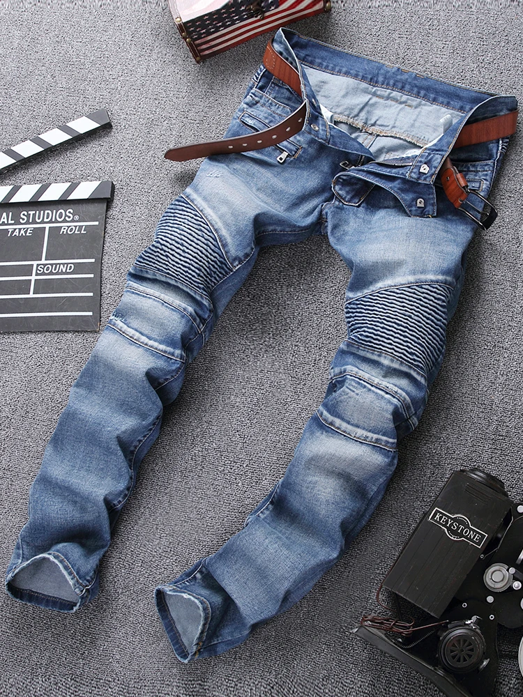 

High Street Biker Jeans Men's Folded Motorcycle Elastic Slim Fit Denim Pants ket Zipper mid Waist Cotton Stretch Denim