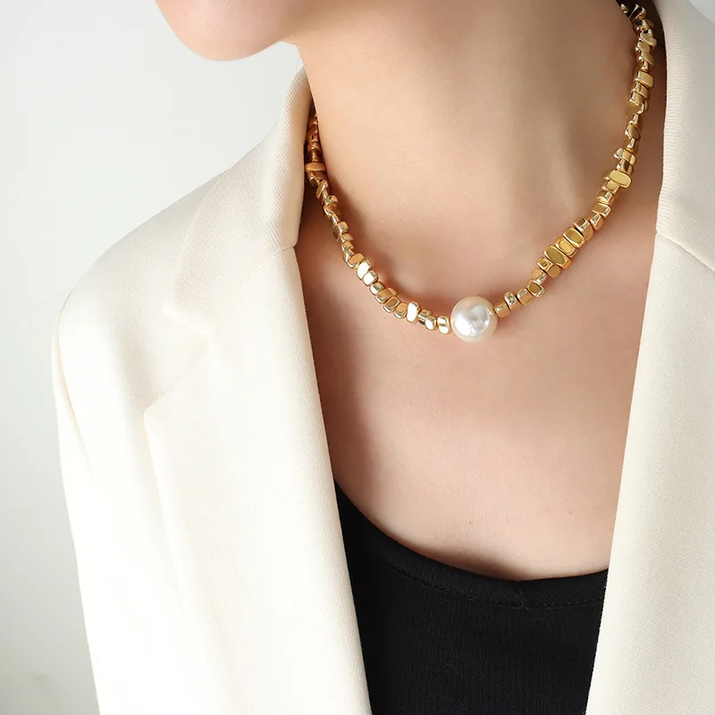 Stainless Steel Handmade Beaded Necklace For Women Gold Silver Color Women\'s Short Necklace Choker With Imitation Pearl Pendant