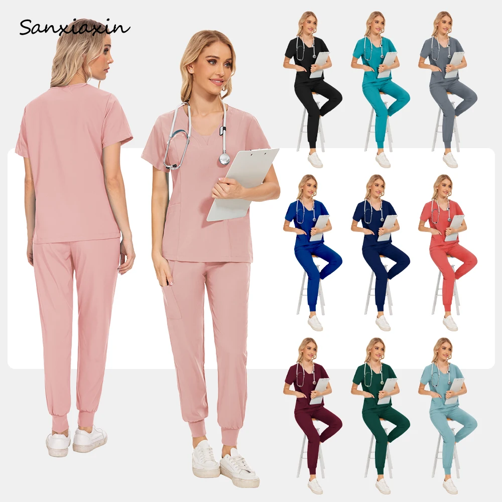 

Short Sleeved Scrub Tops Jogger Pants Nursing Clothes Lab Uniforms Women Doctor Outwear Medical Clothing Operating Room Workwear
