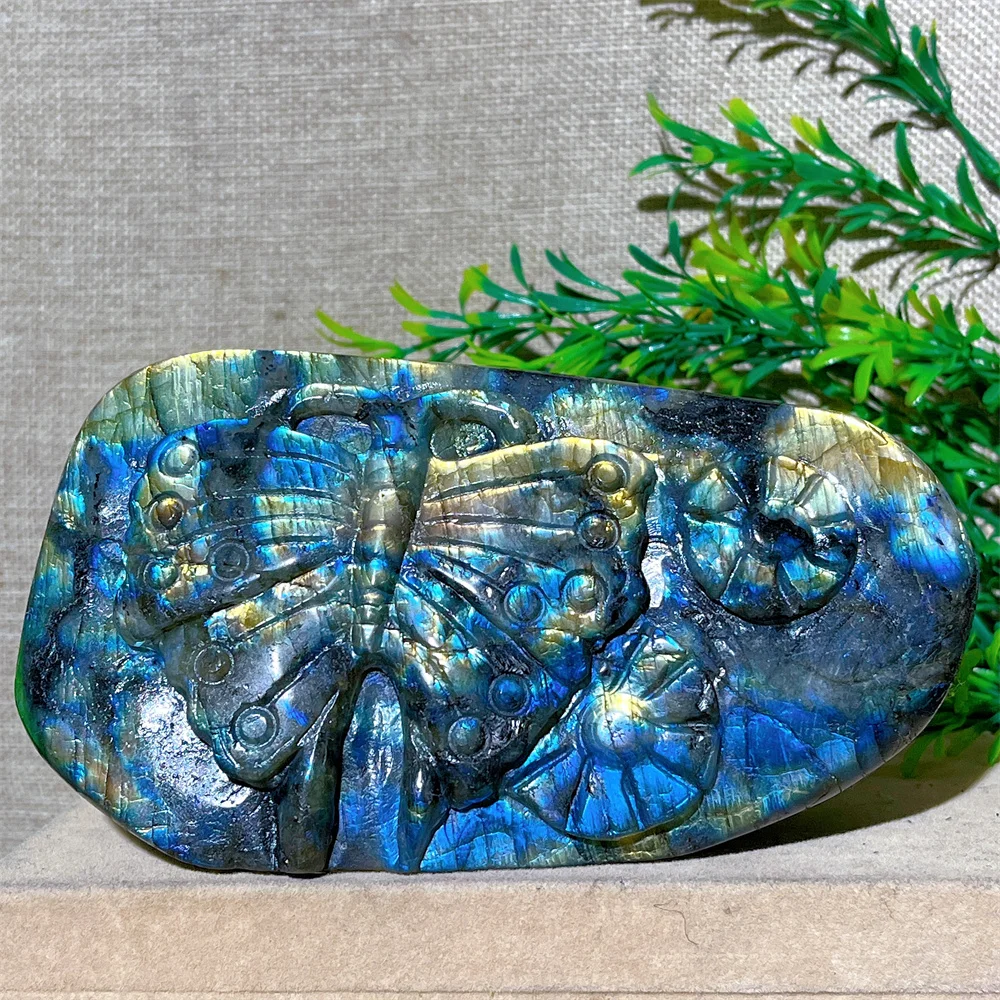 Natural Labradorite Stone Free Form Butterfly Flower Carving  Quartz Reiki Minerals Healing Gemstones Stripe Home Decoration