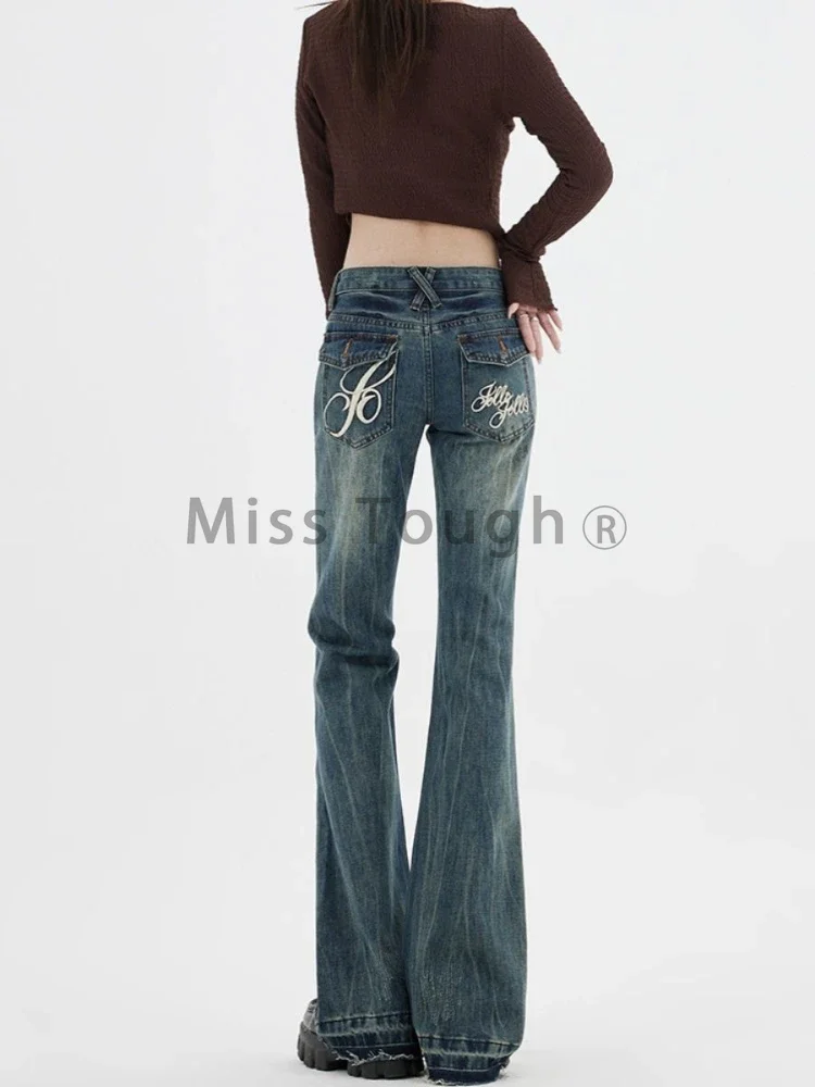 American Retro Low Rise Cowboy Jeans Women 90s Harajuku Y2k Embroidered Mopping Flared Pants High Street Babes Slim Trousers New