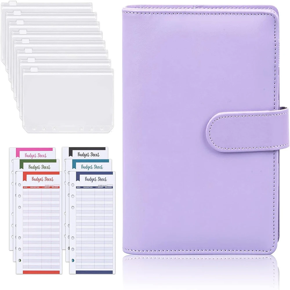 A6 Binder Budget PU Leather Planner Pockets Expense Budget Sheets Notebook A6 Cash Envelope Organizer System with Clear Zipper