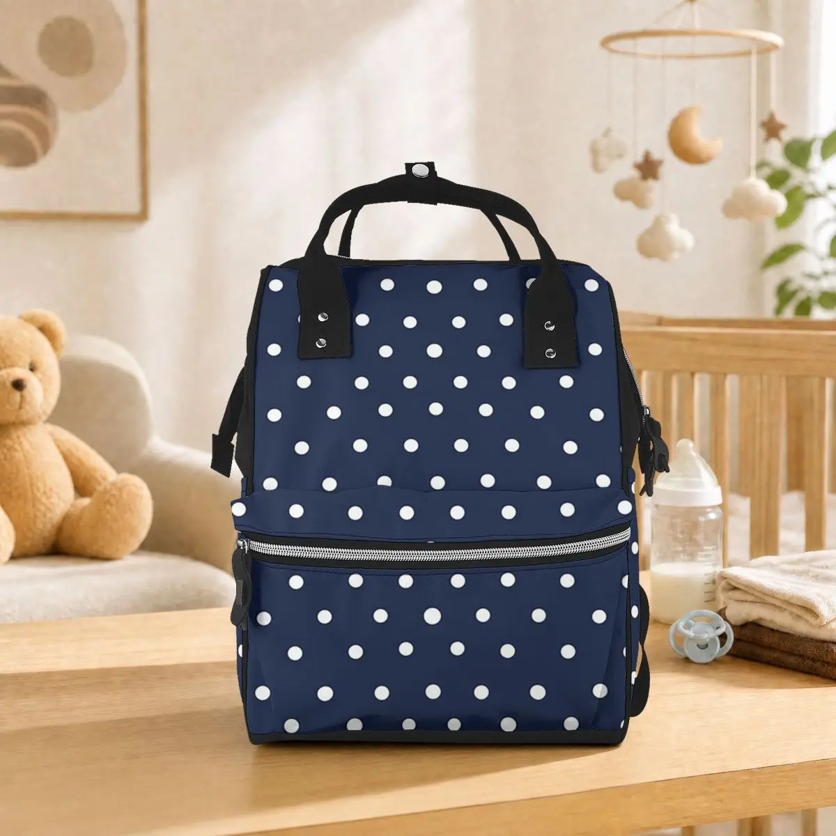 Navy And White Polka Dots Student Backpack School Bag Hiking Travel Daypack for Men Women Bookbag Shoulder Bags