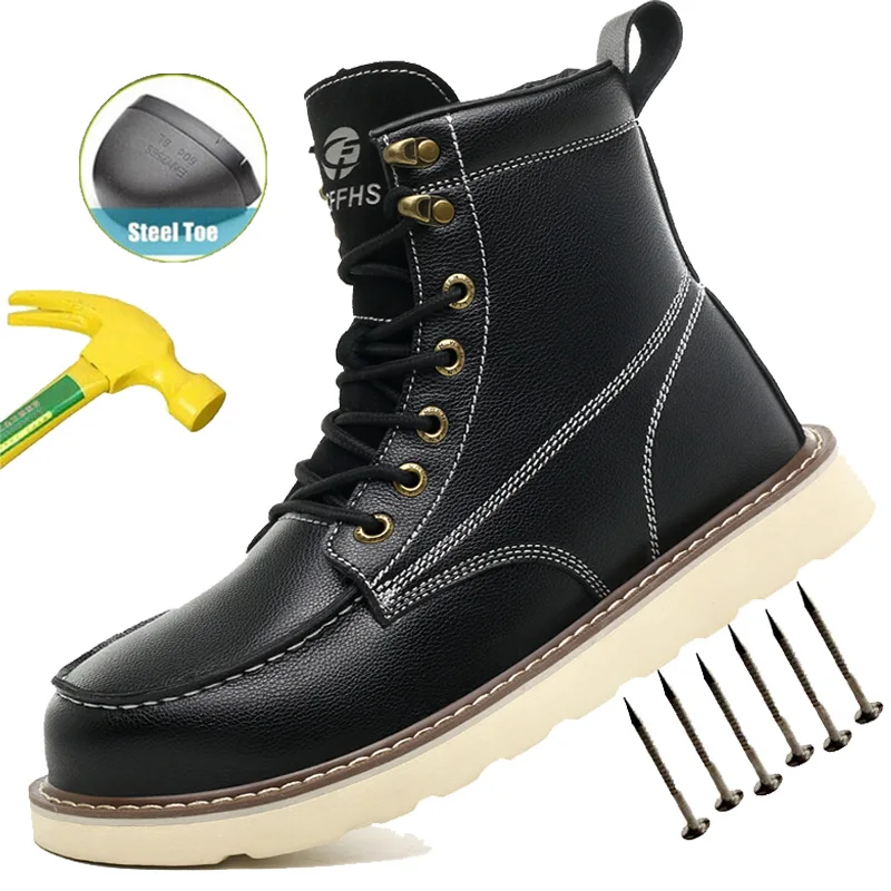 

High Top Safety Shoes Men Steel Toe Sneakers Anti-puncture Proof Breathable Work Safety Boots Man Comfortable Black Work Shoes