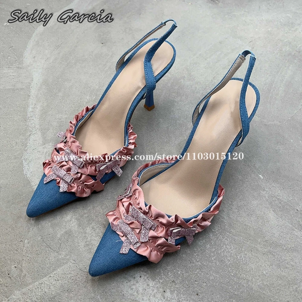 

Silk Butterfly Knot Cake Pleats Back Elastic Band Sandals 2024 Summer New All-Match Luxury Party Shoes Pointed Toe Shallow Pumps