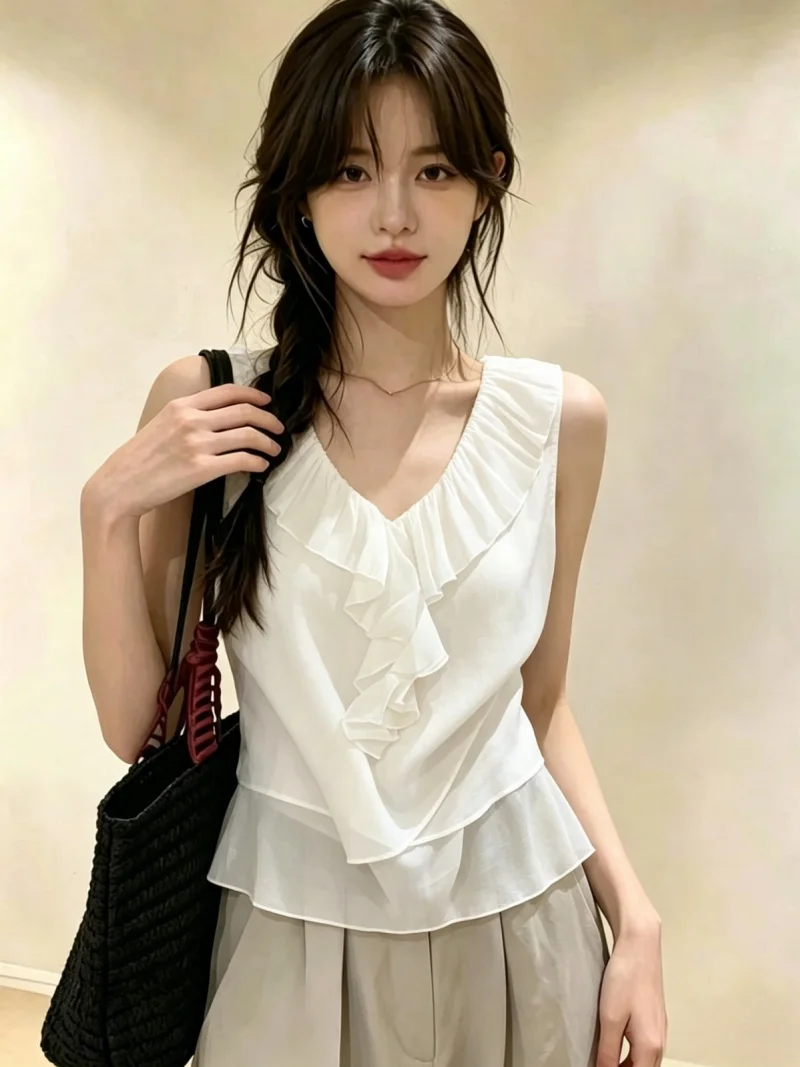 

Pure Desire Style Women's Vest Summer New Sweet Unique Beautiful Sleeveless Top Self-Reserve Item V-Neck Lace Trim Straight Cut