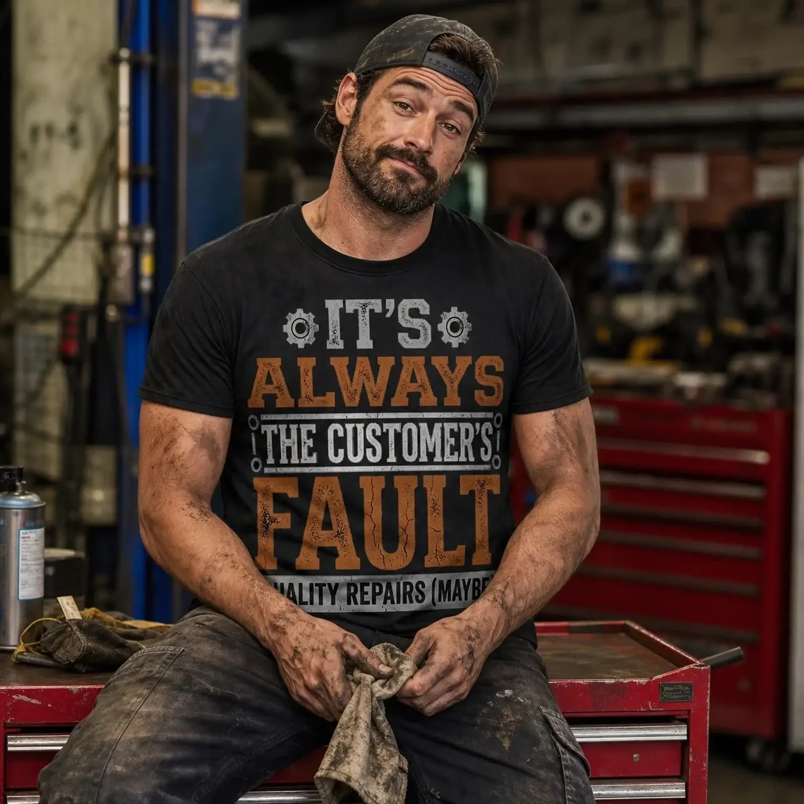 Funny Mechanic Customer's Fault Humor T Shirt Garage Guy Father  vintage Washed Comfortable Slightly Top For Everyday Wear