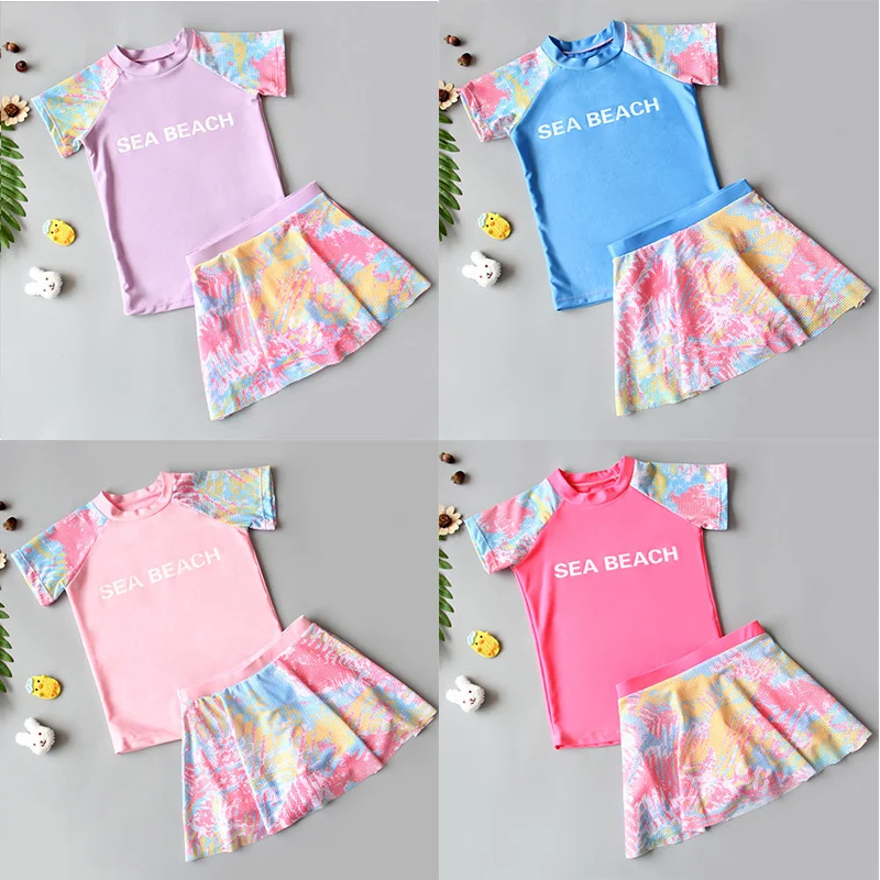 Girls Swimsuit Sets Kids Quick-drying T-Shirt+Skirt 2Pcs Sunscreen Summer Swimwear Suits Short Sleeve Outfits