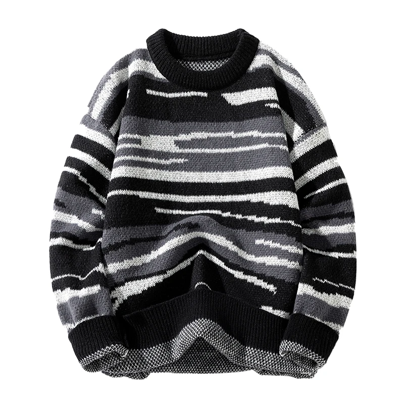 Japanese Collision Knitwear Retro Couple Street Striped Sweater Winter Men Women Loose Sweater Round Neck Pullover Knitting