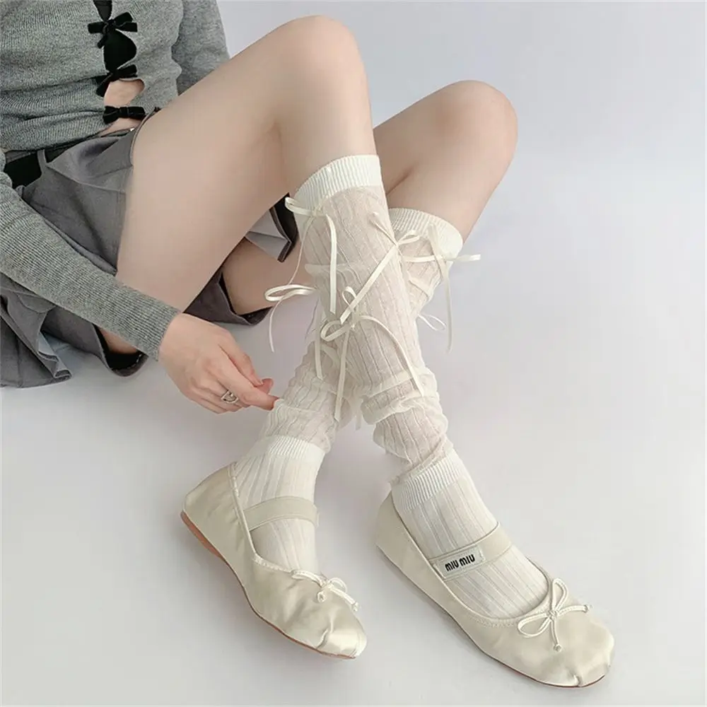 1 Pair Sweet Ballet Style Lolita Long Socks Transparent Thin Style JK Stockings Bandage Bowknot Thigh Stockings for Women Girls