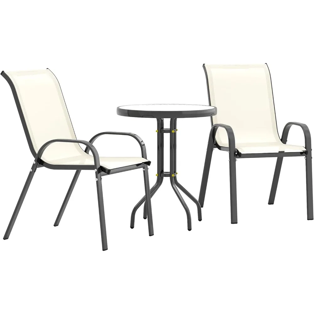 3-teiliges Outdoor-Bistro-Set, kleines Terrassenset mit stapelbaren Netzstühlen und Glasplattentisch, Terrassenmöbel-Set mit hoher Rückenlehne für