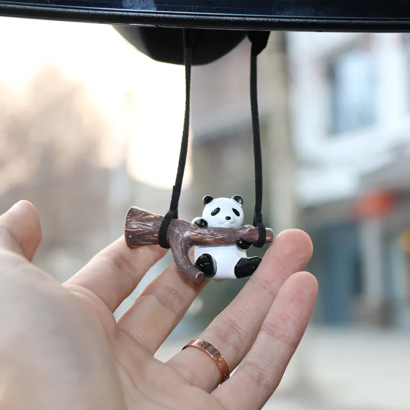 Cute Panda Swing Rearview Ornament Creative  Tree Branch Rearview Glass  Ornament For Car Women Girls Fun Backpack Pendants