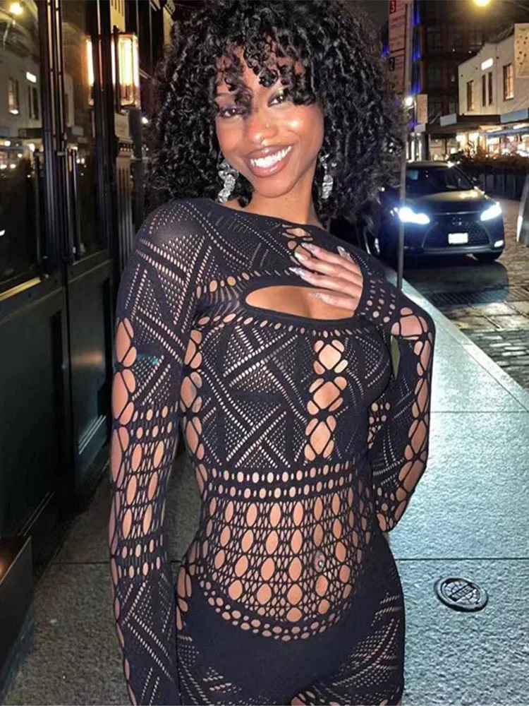 Spifore Black See Through Women Playsuits Long Sleeve O Neck Hollow Out Bodycon Rompers Party Nightclub Sexy Overalls Dropship — zdjęcie 2