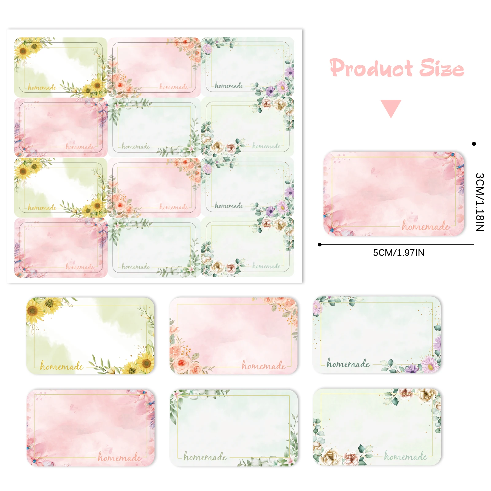120pcs self-adhesive jam labels (30x50mm) in 6 floral styles | suitable for glass bottles, jars, bags | writable stickers, suita