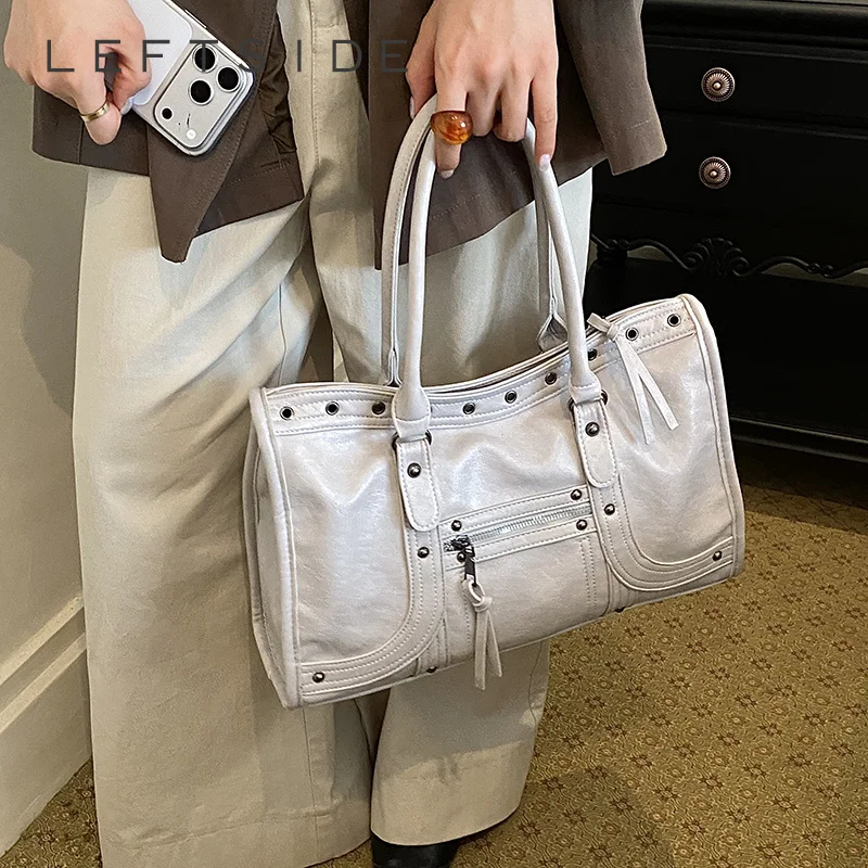 LEFTSIDE Women Faux Leather Moto Style Tote Shoulder Bag 2026 New Trend Rivet Decor Vintage Casual Daily Handbag Unbranded