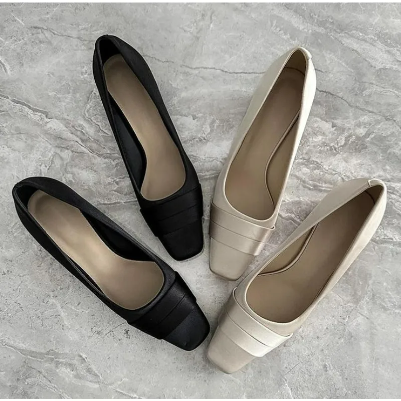New Fashion Silk High Heel Pumps Women's Square Toe Concise Splice Stripper Ladies Party Shoes Zapatillas De Mujer