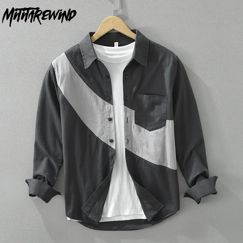 

Японская ретро лоскутная рубашка с длинным рукавом, мужская рубашка-карго с лацканами, мужские повседневные рубашки из чистого хлопка, весенне-осенняя модная мужская одежда