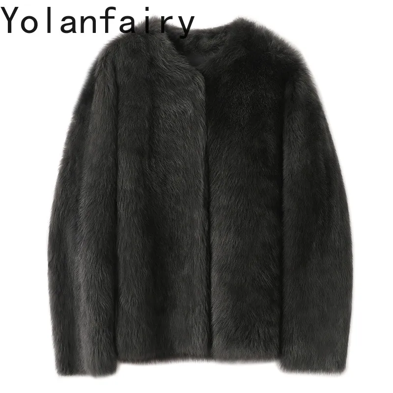 

YOLANFAIRY Real Fur Coat Women Winter Mid Long V Neck Lamb Fur Integrated Jacket Genuine Sheepskin Shearling Leather Fur Coats