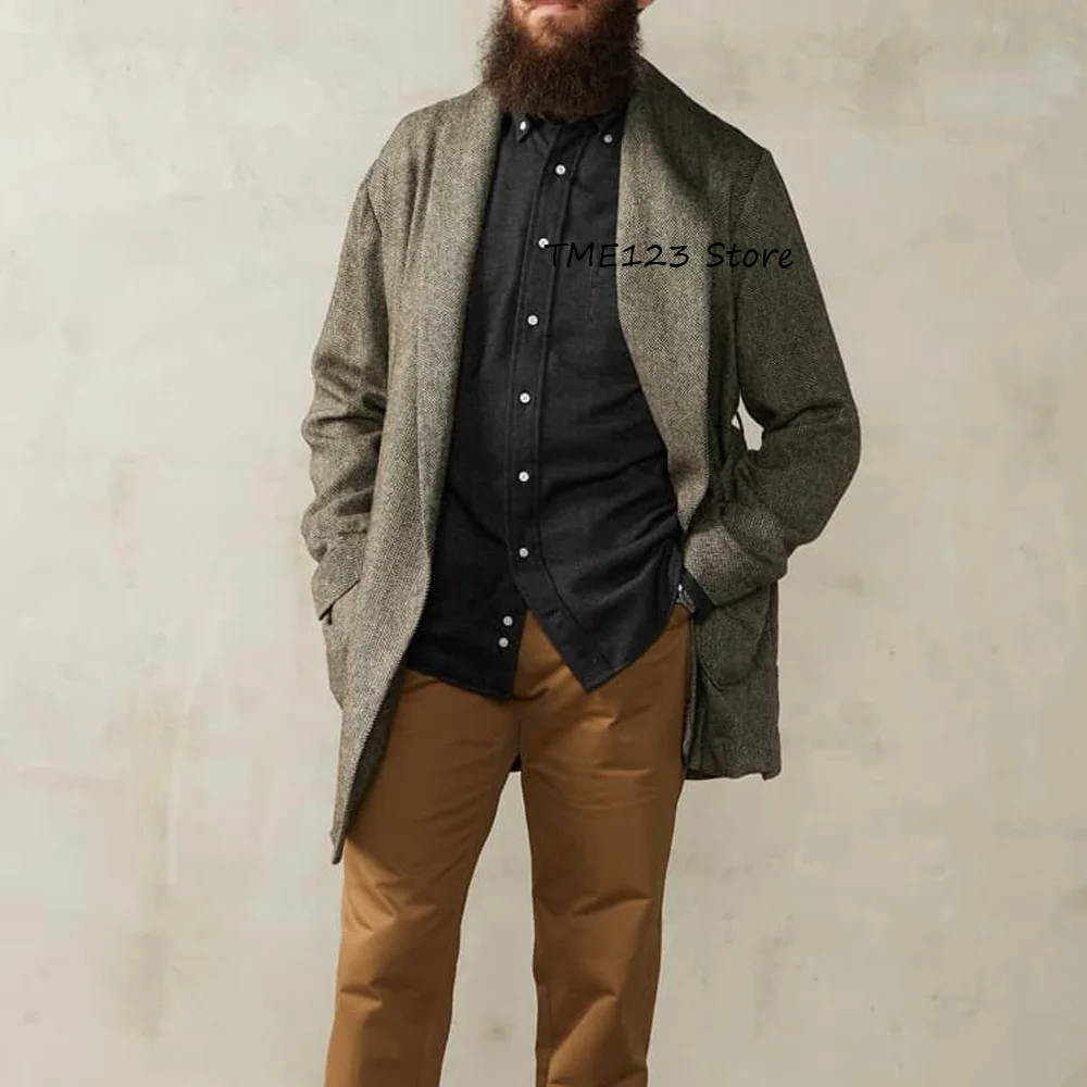 

Casual New Jackets for Man Herringbone Fabric Fashion Suit Square Pockets Belt Men's Jacket No Buttons Shawl Collar Suits Blazer