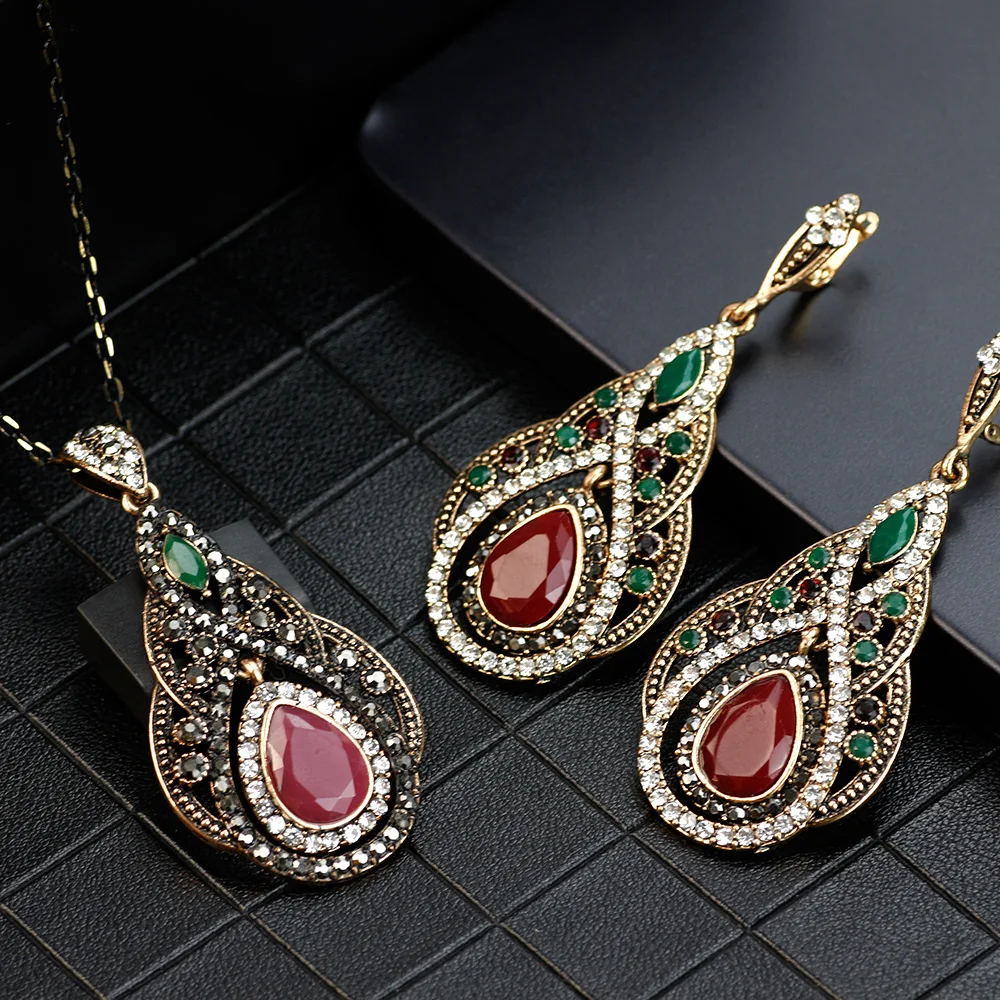 Neovisson Turkish Women Long Hook Dangle Earring Water Drop Pendant Necklace Jewelry Sets Antique Gold Color Resin Gift