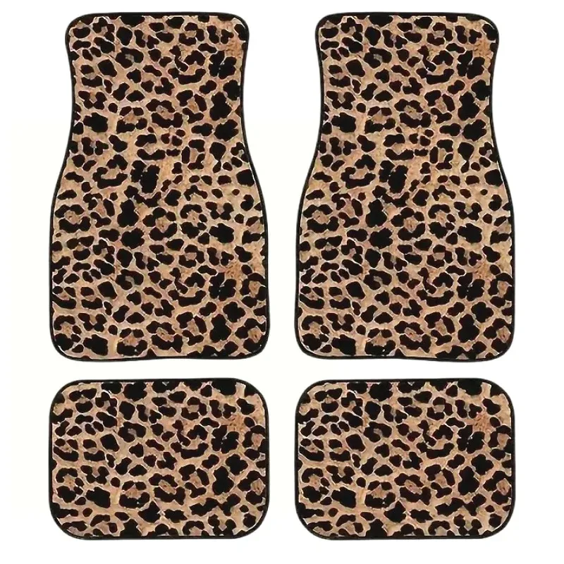 

4PCS Luxury Brown Leopard Print Universal Car Floor Mats Set - Fashionable Front & Rear Seat Protector - Vehicle Carpet kit