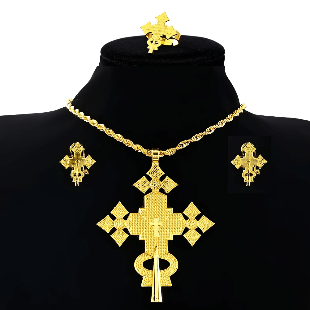 Ethiopian Big Cross Pendant Chain Earrings Ring Women Gold Color Eritrea Traditional African Jewelry